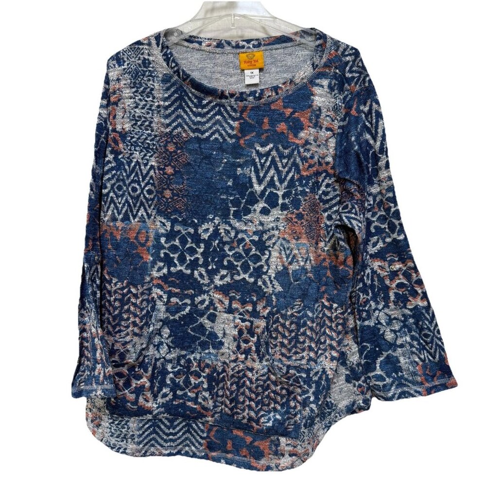 Ruby Rd Womens Plus Sz 1X Top Shirt Pattern Print Stretch Heavy Knit Thick Woven